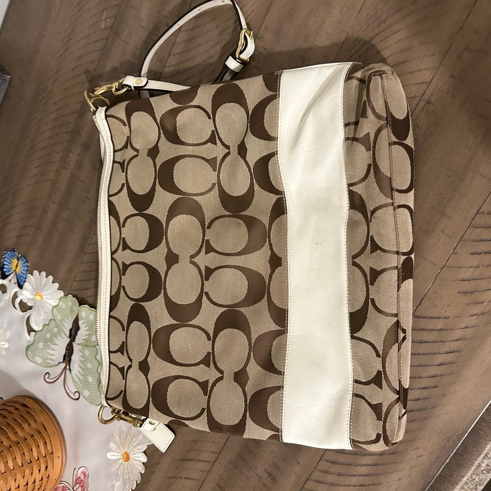 Coach Signature Brown and Cream Large Crossbody Bag